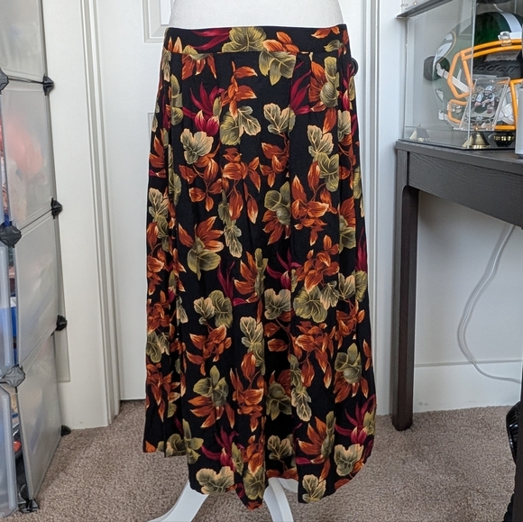 Sag Harbor Petite Vintage Black Green Orange Floral A-Line Midi Skirt Size Large - Picture 4 of 7